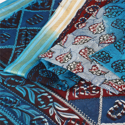 Sanskriti Vintage Sarees Blue & Ivory Pure Cotton Printed Sari 5+yd Craft Fabric