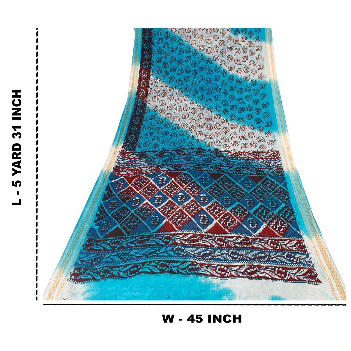 Sanskriti Vintage Sarees Blue & Ivory Pure Cotton Printed Sari 5+yd Craft Fabric