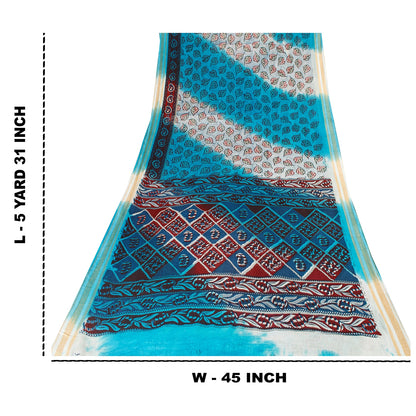 Sanskriti Vintage Sarees Blue & Ivory Pure Cotton Printed Sari 5+yd Craft Fabric