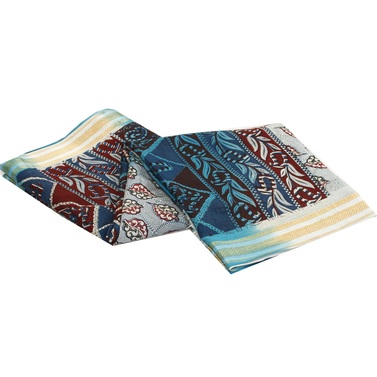 Sanskriti Vintage Sarees Blue & Ivory Pure Cotton Printed Sari 5+yd Craft Fabric