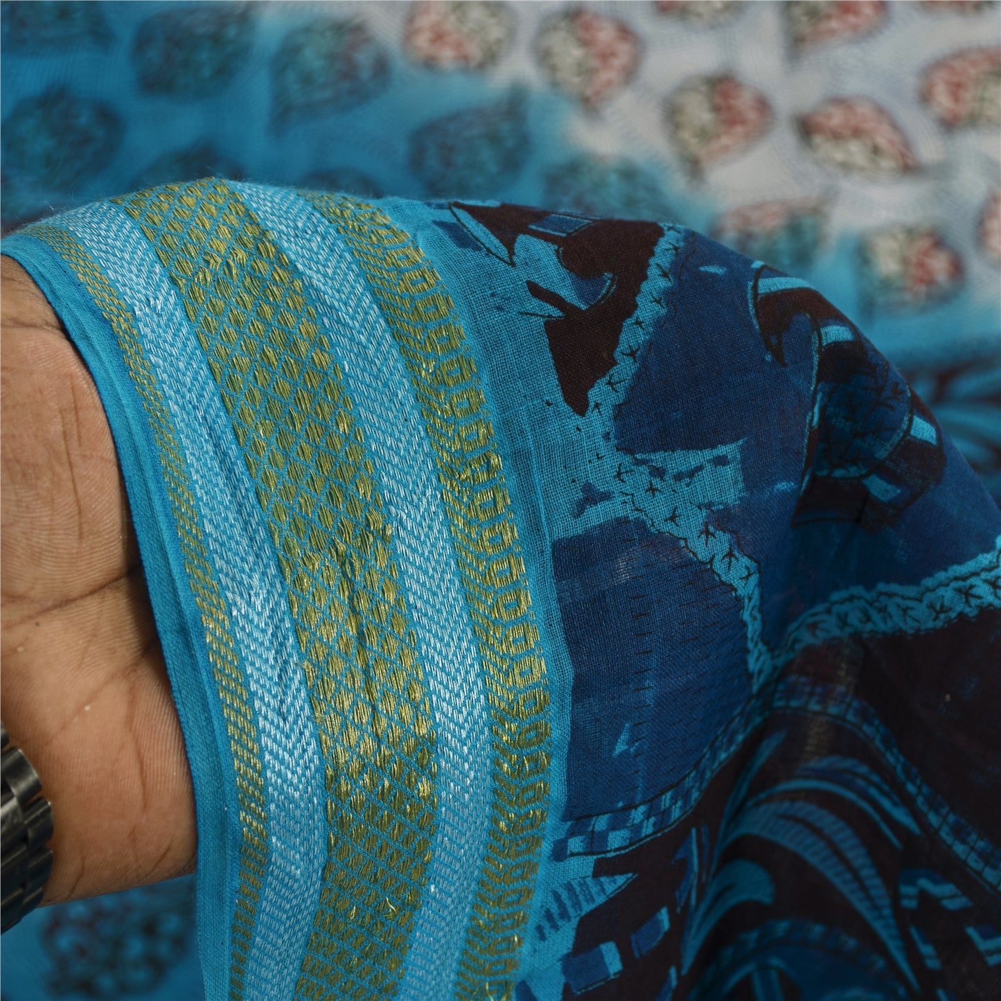 Sanskriti Vintage Sarees Blue & Ivory Pure Cotton Printed Sari 5+yd Craft Fabric