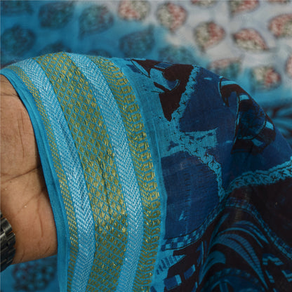 Sanskriti Vintage Sarees Blue & Ivory Pure Cotton Printed Sari 5+yd Craft Fabric