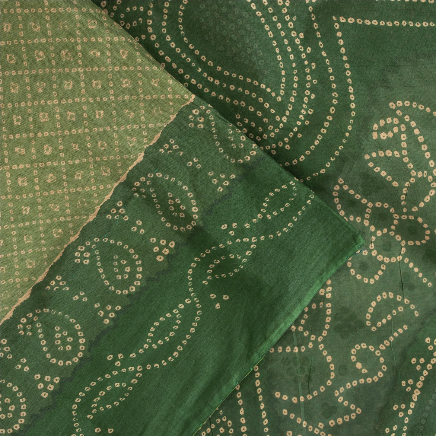 Sanskriti Vintage Sarees Green Pure Cotton Bandhani Print Sari 5+yd Craft Fabric