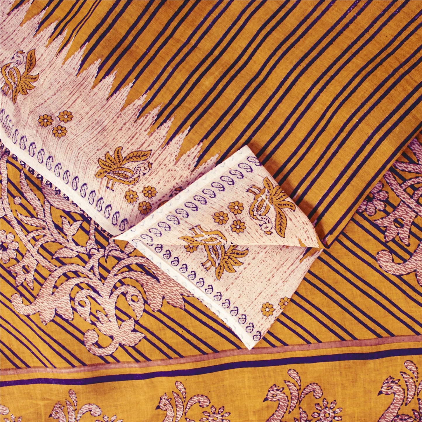 Sanskriti Vintage Sarees Yellow Pure Cotton Peacock Print Sari 5+yd Craft Fabric