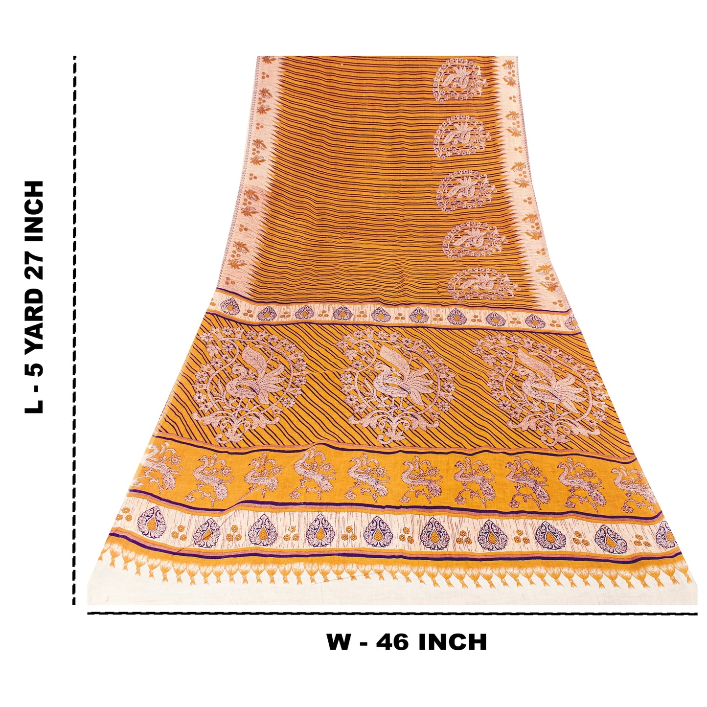 Sanskriti Vintage Sarees Yellow Pure Cotton Peacock Print Sari 5+yd Craft Fabric
