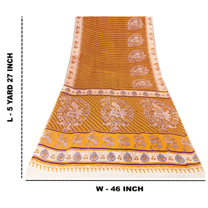 Sanskriti Vintage Sarees Yellow Pure Cotton Peacock Print Sari 5+yd Craft Fabric