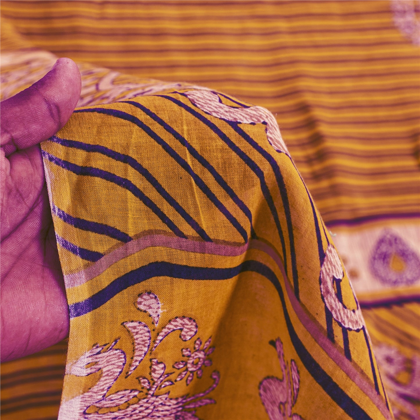 Sanskriti Vintage Sarees Yellow Pure Cotton Peacock Print Sari 5+yd Craft Fabric