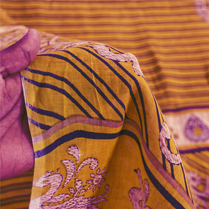 Sanskriti Vintage Sarees Yellow Pure Cotton Peacock Print Sari 5+yd Craft Fabric