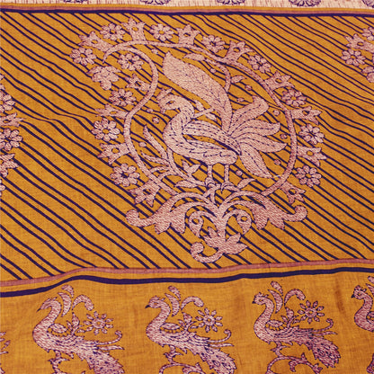 Sanskriti Vintage Sarees Yellow Pure Cotton Peacock Print Sari 5+yd Craft Fabric
