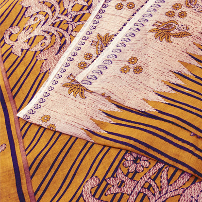 Sanskriti Vintage Sarees Yellow Pure Cotton Peacock Print Sari 5+yd Craft Fabric