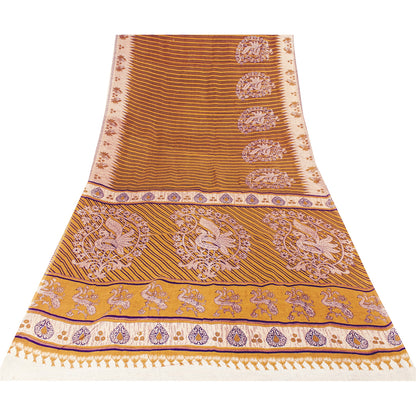 Sanskriti Vintage Sarees Yellow Pure Cotton Peacock Print Sari 5+yd Craft Fabric