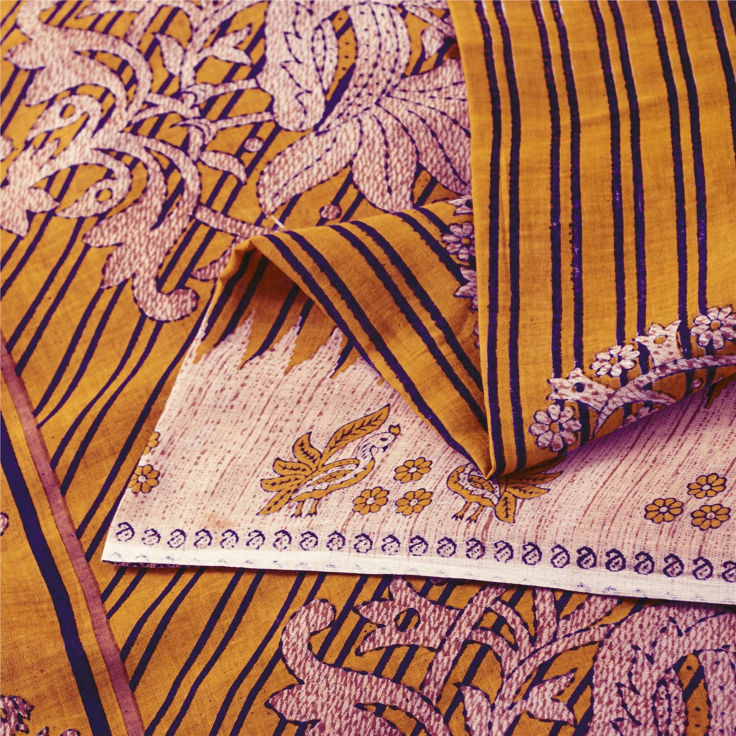 Sanskriti Vintage Sarees Yellow Pure Cotton Peacock Print Sari 5+yd Craft Fabric