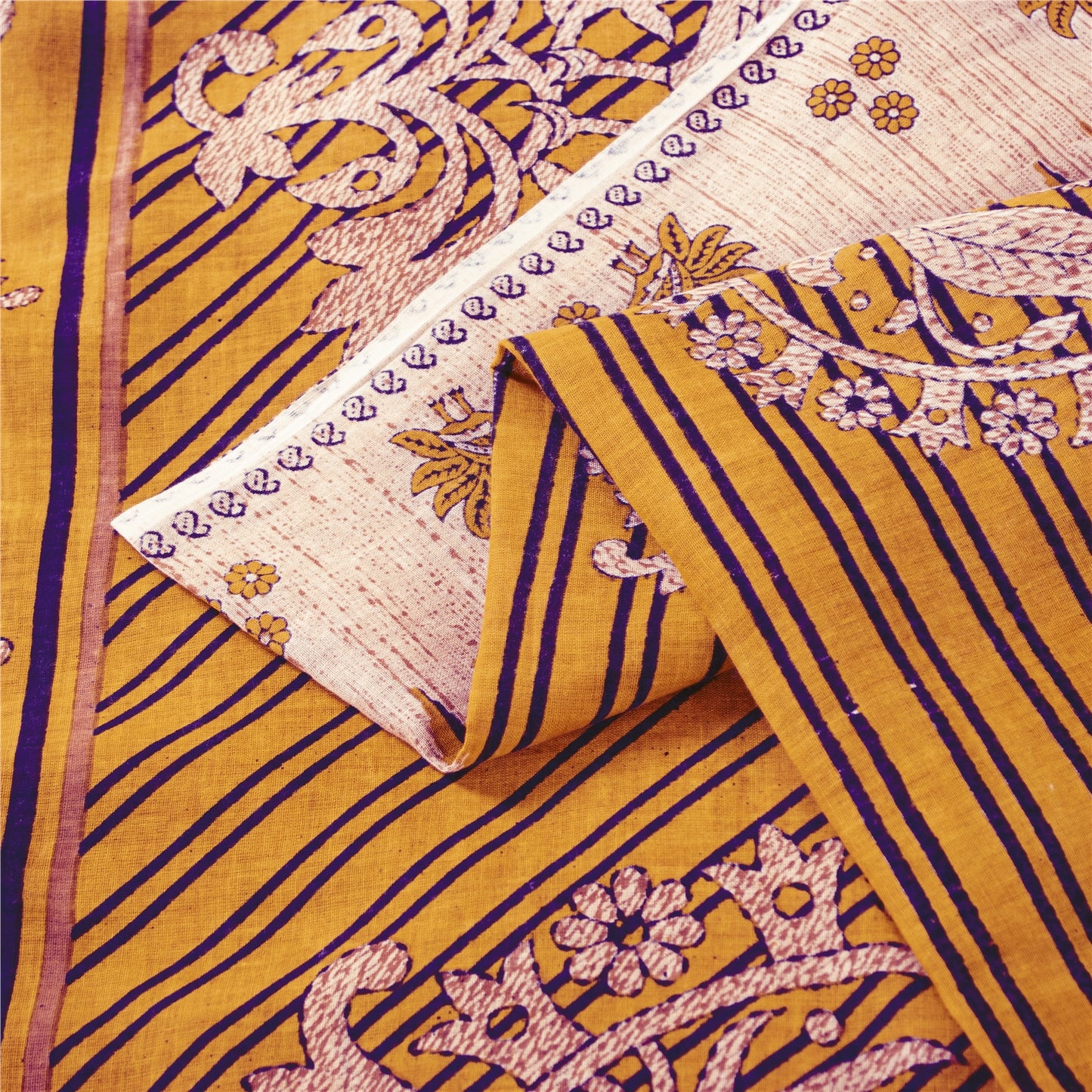 Sanskriti Vintage Sarees Yellow Pure Cotton Peacock Print Sari 5+yd Craft Fabric