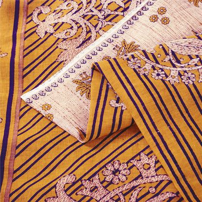 Sanskriti Vintage Sarees Yellow Pure Cotton Peacock Print Sari 5+yd Craft Fabric