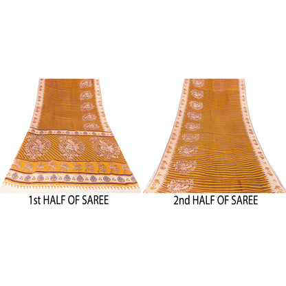 Sanskriti Vintage Sarees Yellow Pure Cotton Peacock Print Sari 5+yd Craft Fabric