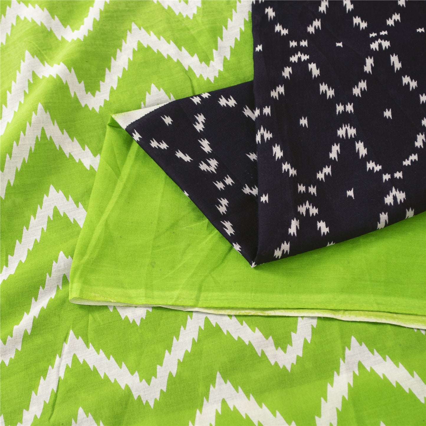 Sanskriti Vintage Sarees Black & Green Pure Cotton Print Sari 6+yd Craft Fabric