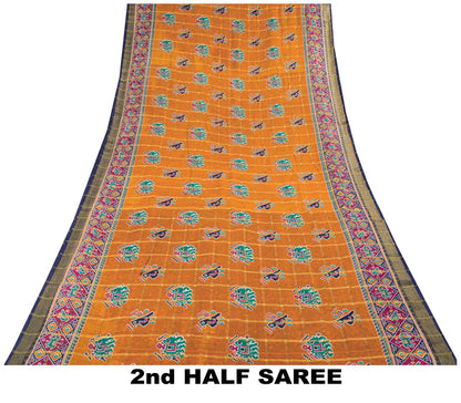 Sanskriti Vintage Saree Yellow Pure Cotton Patan Patola Printed Fabric 5.5YDSari