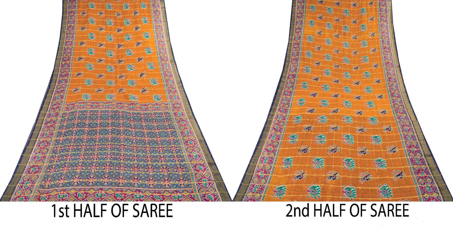 Sanskriti Vintage Saree Yellow Pure Cotton Patan Patola Printed Fabric 5.5YDSari