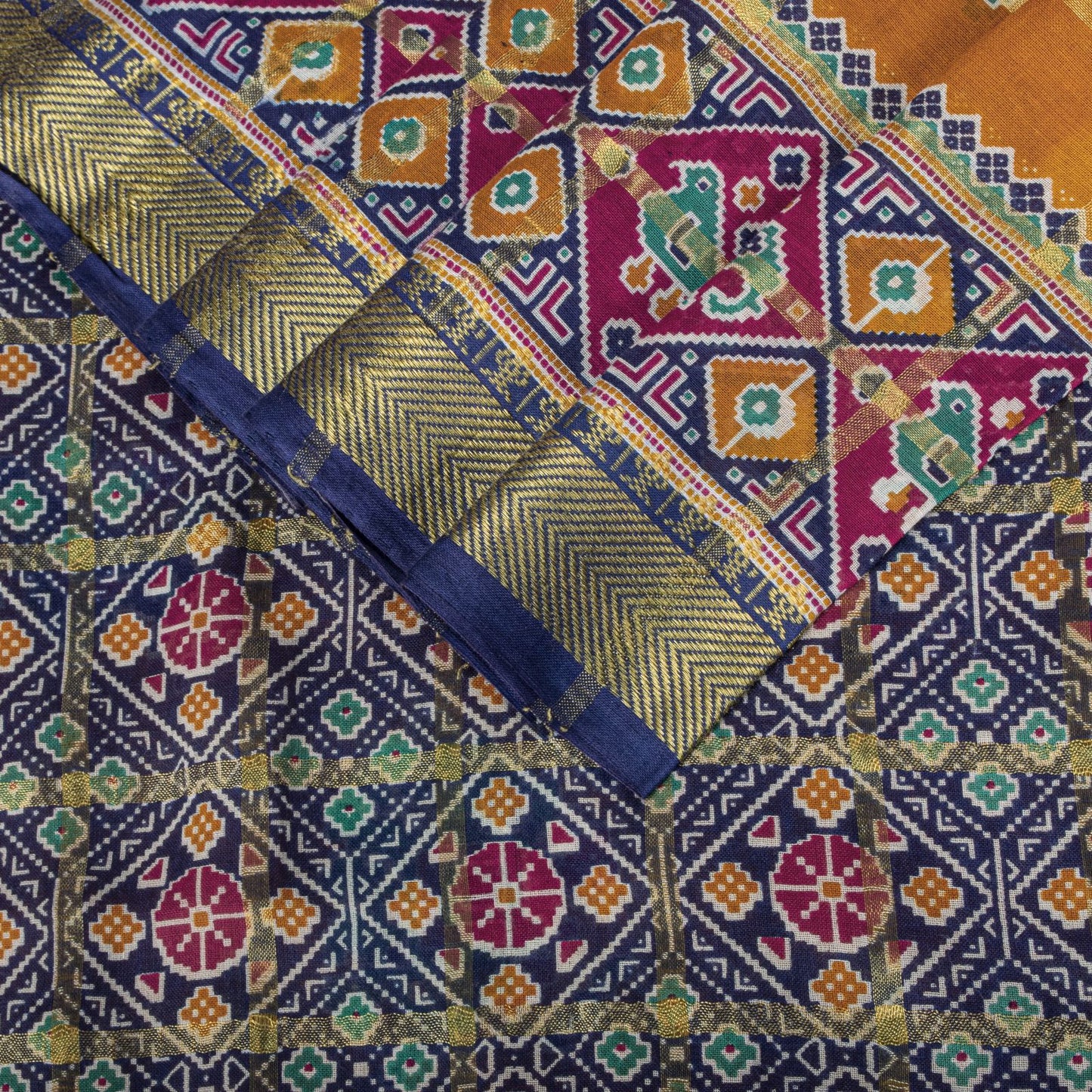 Sanskriti Vintage Saree Yellow Pure Cotton Patan Patola Printed Fabric 5.5YDSari