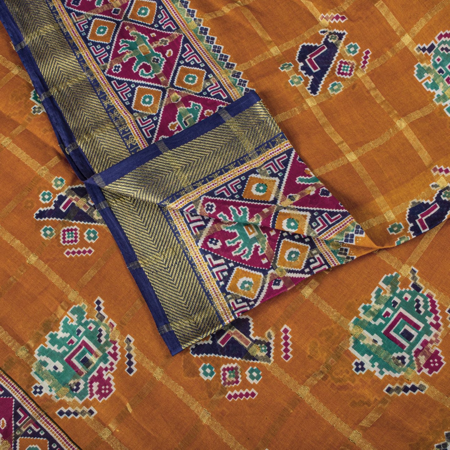 Sanskriti Vintage Saree Yellow Pure Cotton Patan Patola Printed Fabric 5.5YDSari