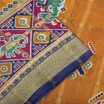 Sanskriti Vintage Saree Yellow Pure Cotton Patan Patola Printed Fabric 5.5YDSari