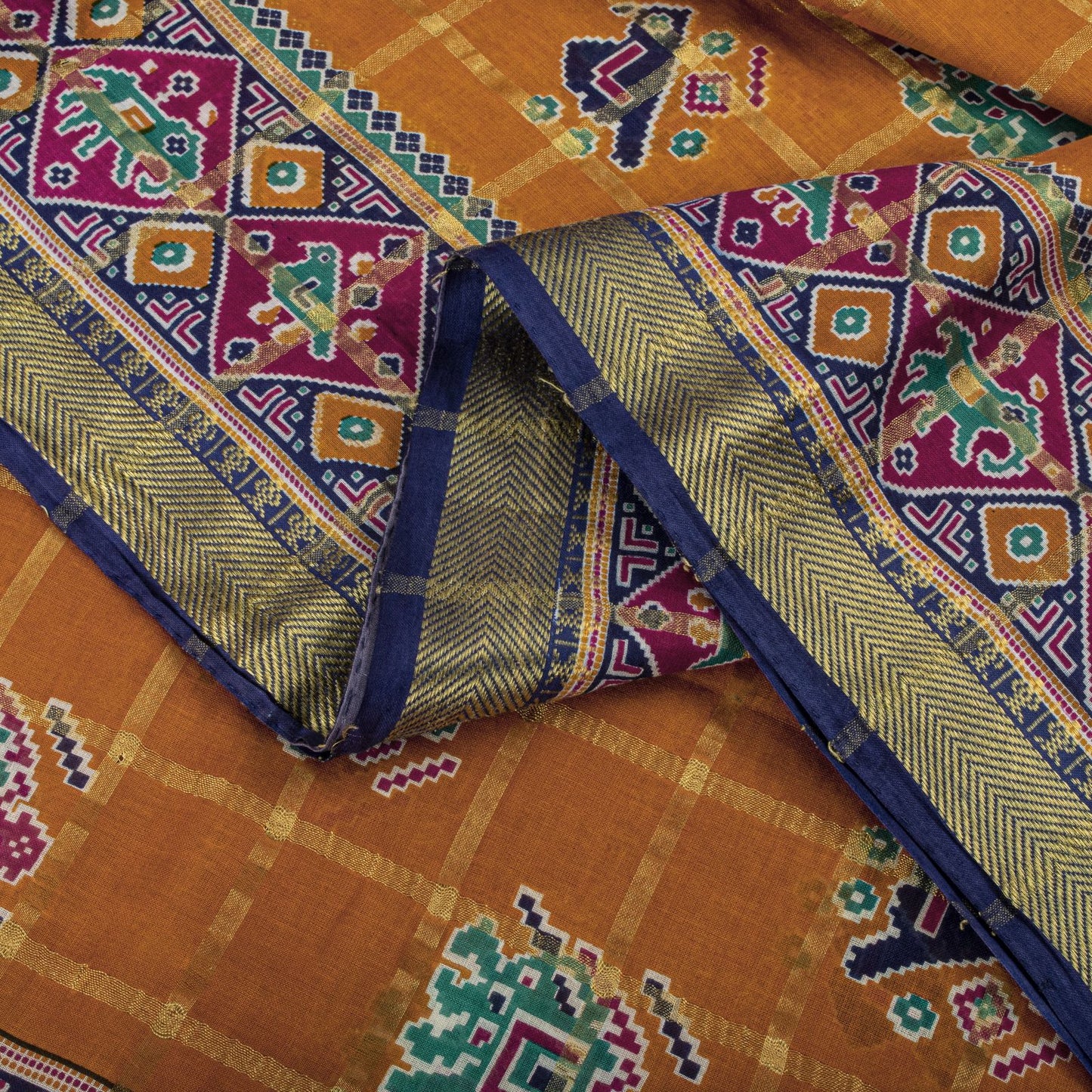Sanskriti Vintage Saree Yellow Pure Cotton Patan Patola Printed Fabric 5.5YDSari