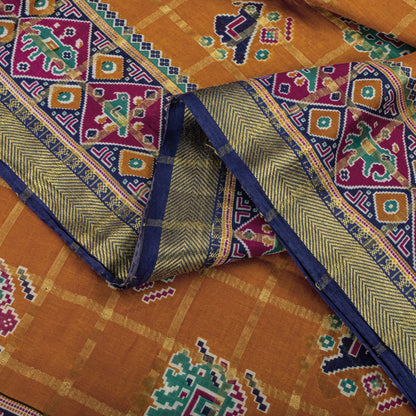 Sanskriti Vintage Saree Yellow Pure Cotton Patan Patola Printed Fabric 5.5YDSari