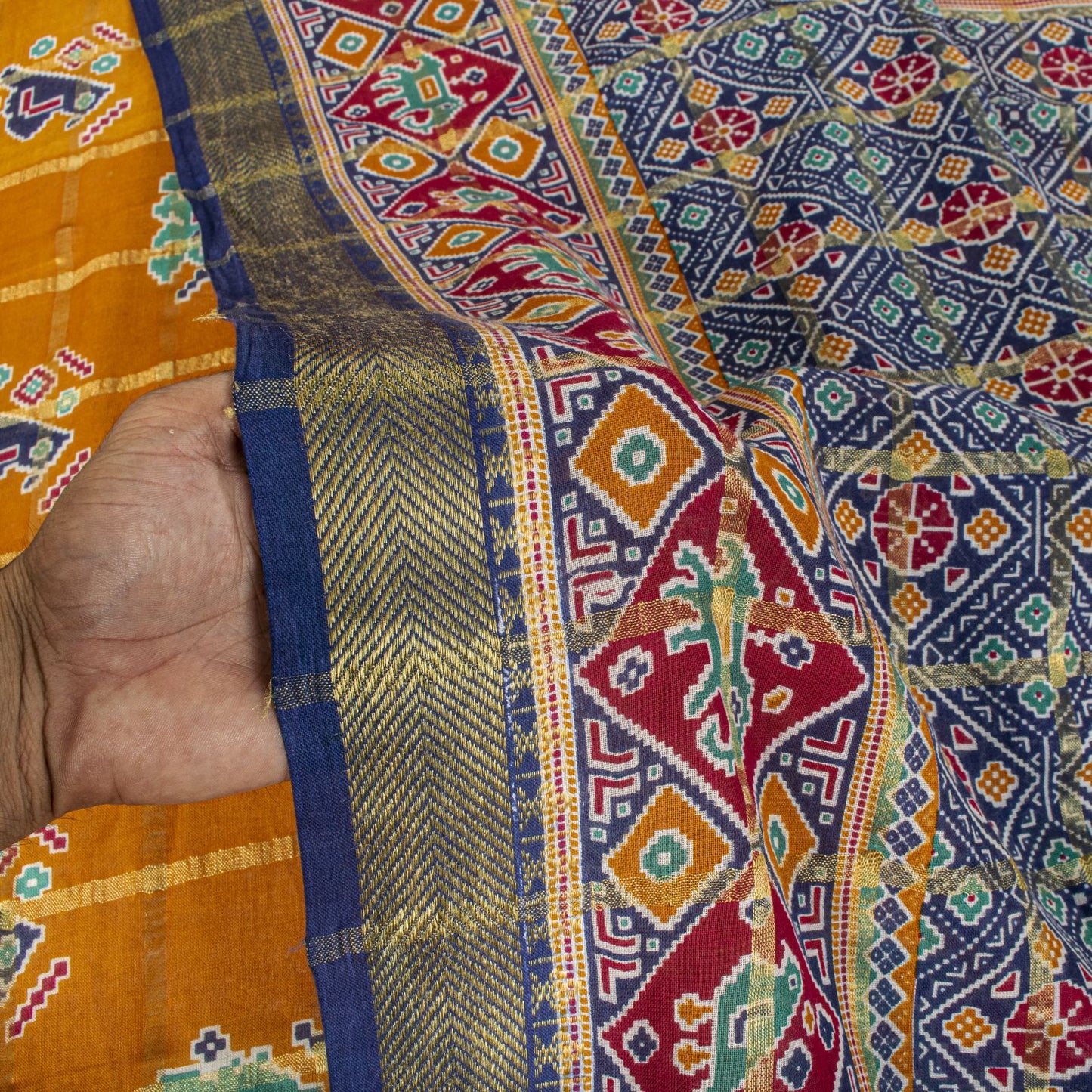 Sanskriti Vintage Saree Yellow Pure Cotton Patan Patola Printed Fabric 5.5YDSari