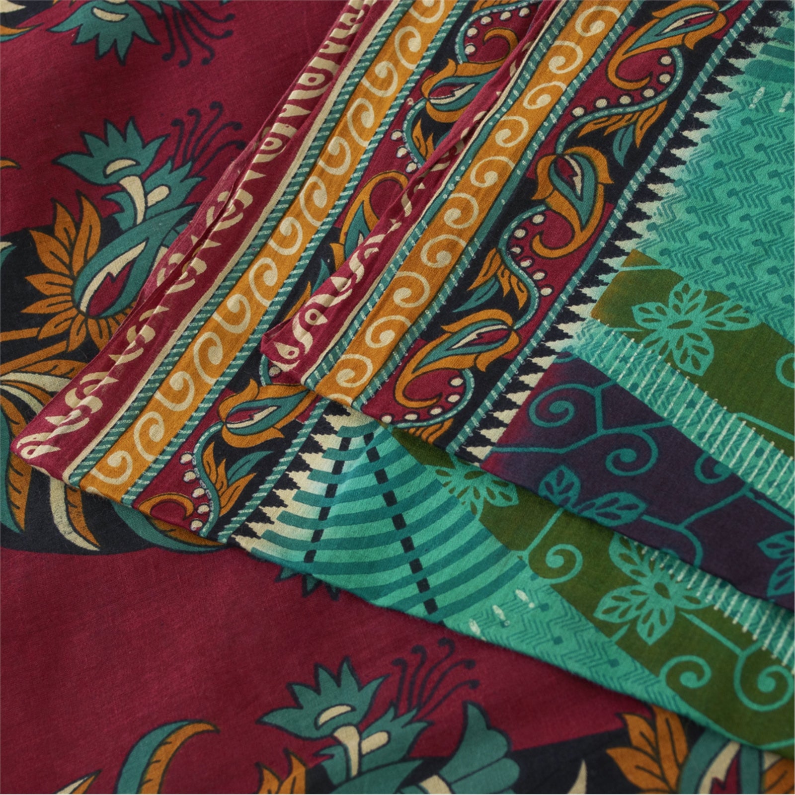 Sanskriti Vintage Saree Indian Green 100% Pure Cotton 5.5+Yd Saree Floral Printed Sari Craft Fabric For Crafting, Upcycling, or Wearing