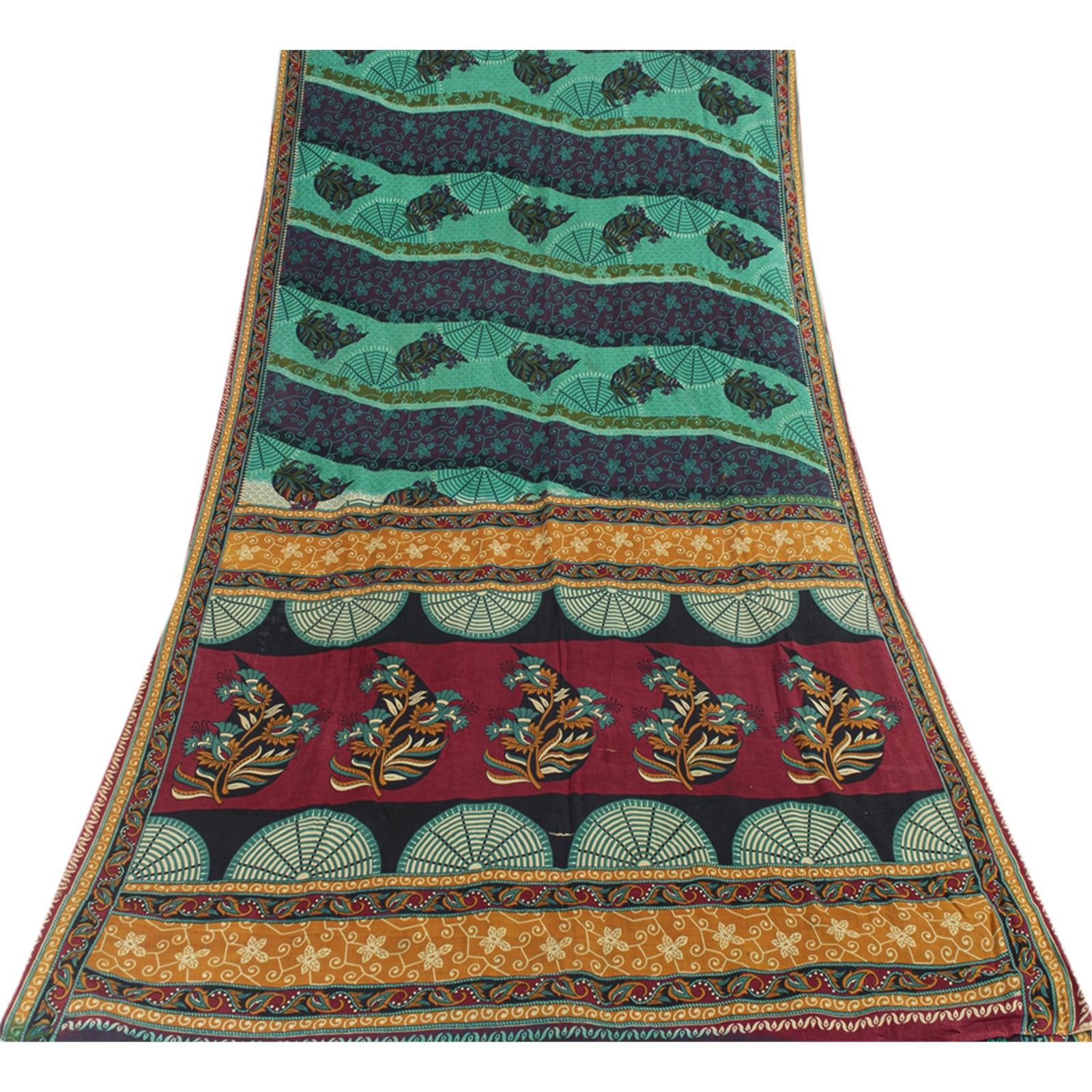 Sanskriti Vintage Saree Indian Green 100% Pure Cotton 5.5+Yd Saree Floral Printed Sari Craft Fabric For Crafting, Upcycling, or Wearing