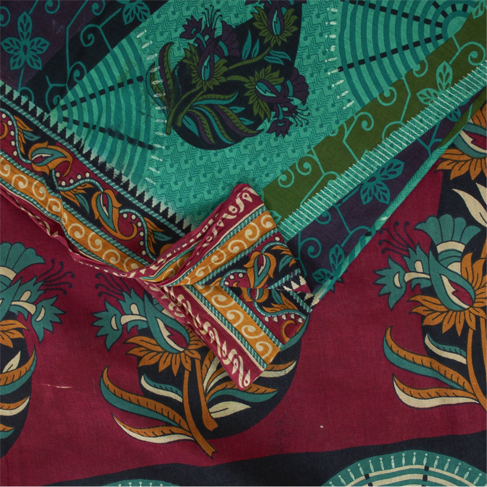 Sanskriti Vintage Saree Indian Green 100% Pure Cotton 5.5+Yd Saree Floral Printed Sari Craft Fabric For Crafting, Upcycling, or Wearing