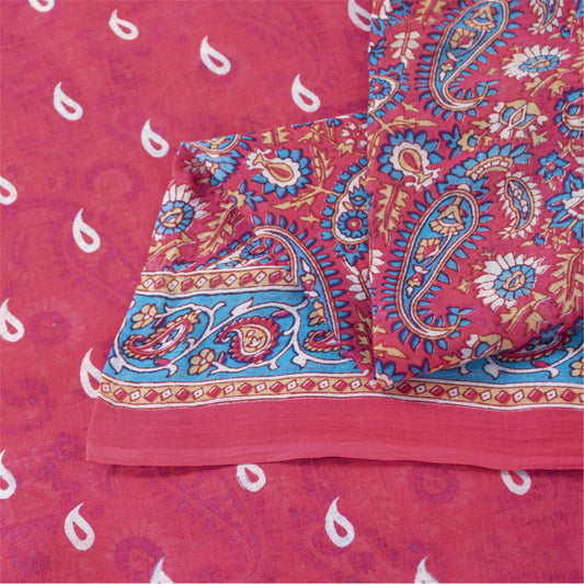 Sanskriti Vintage Sarees Pink Pure Cotton Paisely Printed Sari 6+yd Craft Fabric