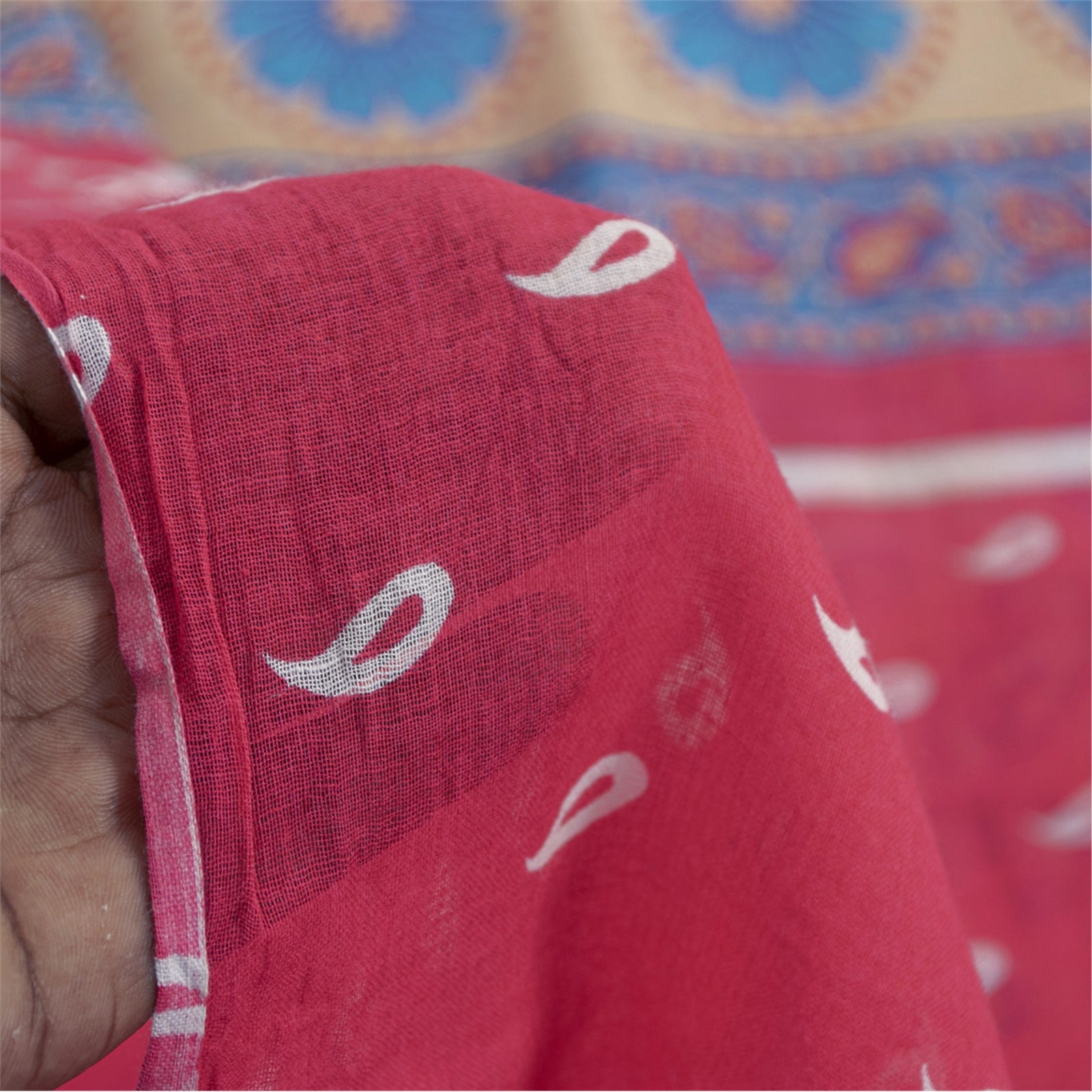 Sanskriti Vintage Saree Pink & Blue 100% Pure Cotton 6+Yd Saree Paisely Printed Sari Craft Fabric For Crafting, Upcycling, Even Wearing