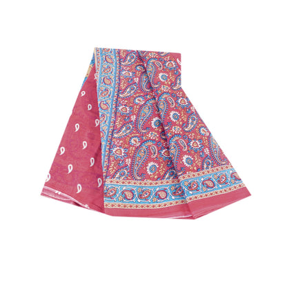 Sanskriti Vintage Sarees Pink Pure Cotton Paisely Printed Sari 6+yd Craft Fabric