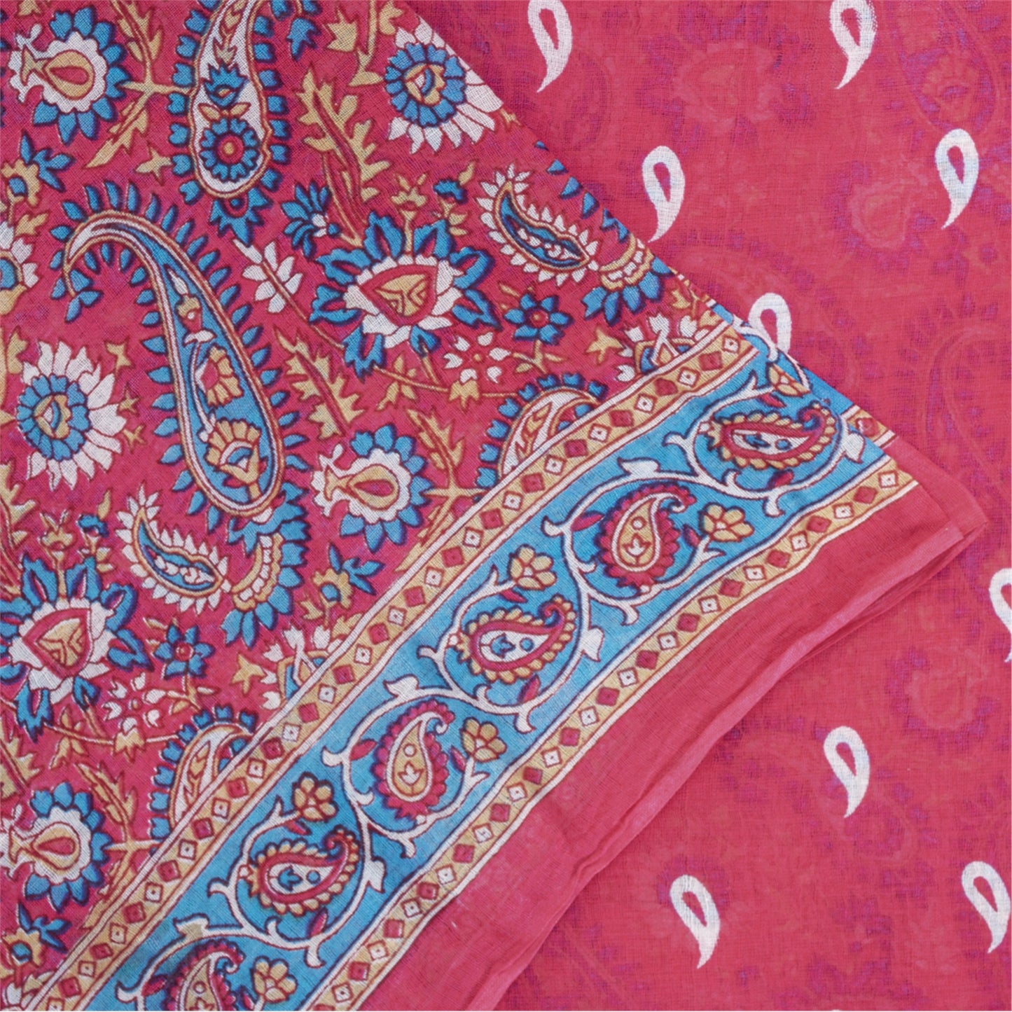 Sanskriti Vintage Sarees Pink Pure Cotton Paisely Printed Sari 6+yd Craft Fabric