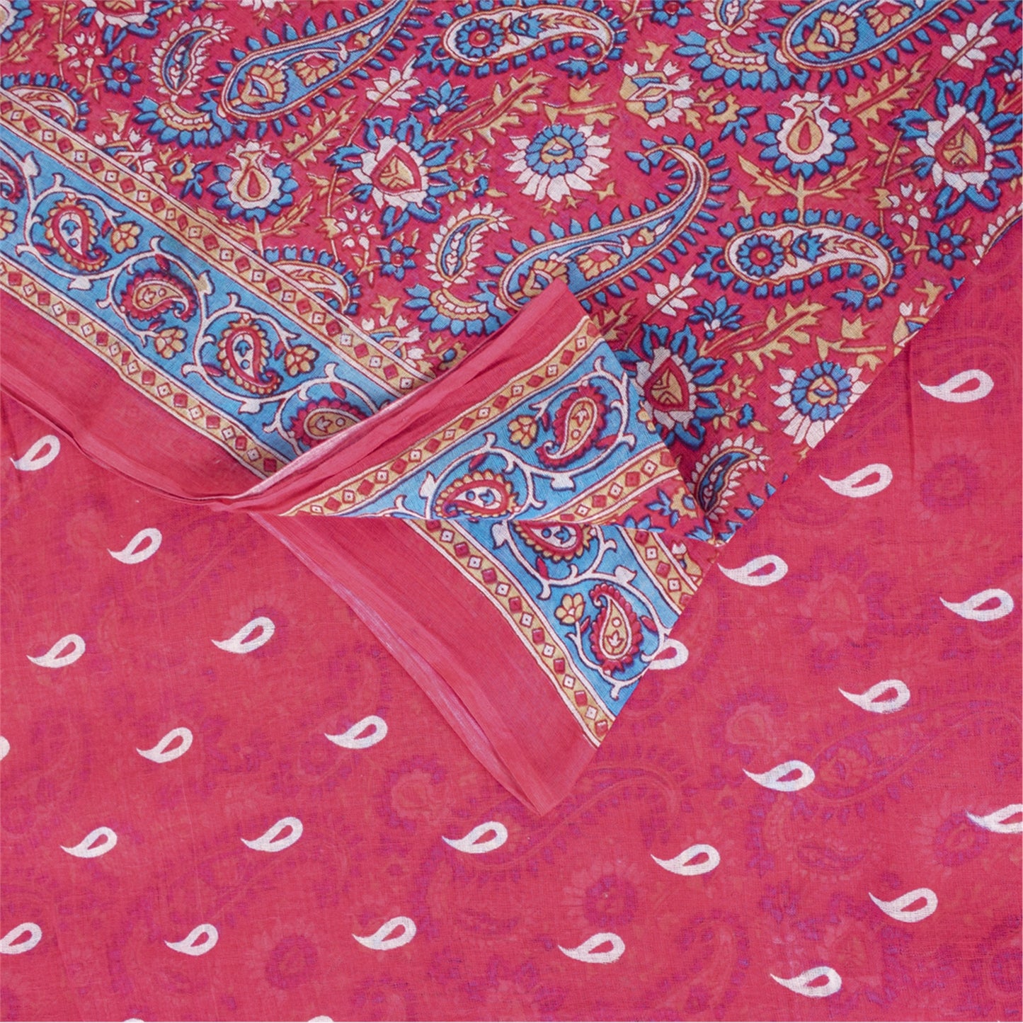 Sanskriti Vintage Sarees Pink Pure Cotton Paisely Printed Sari 6+yd Craft Fabric
