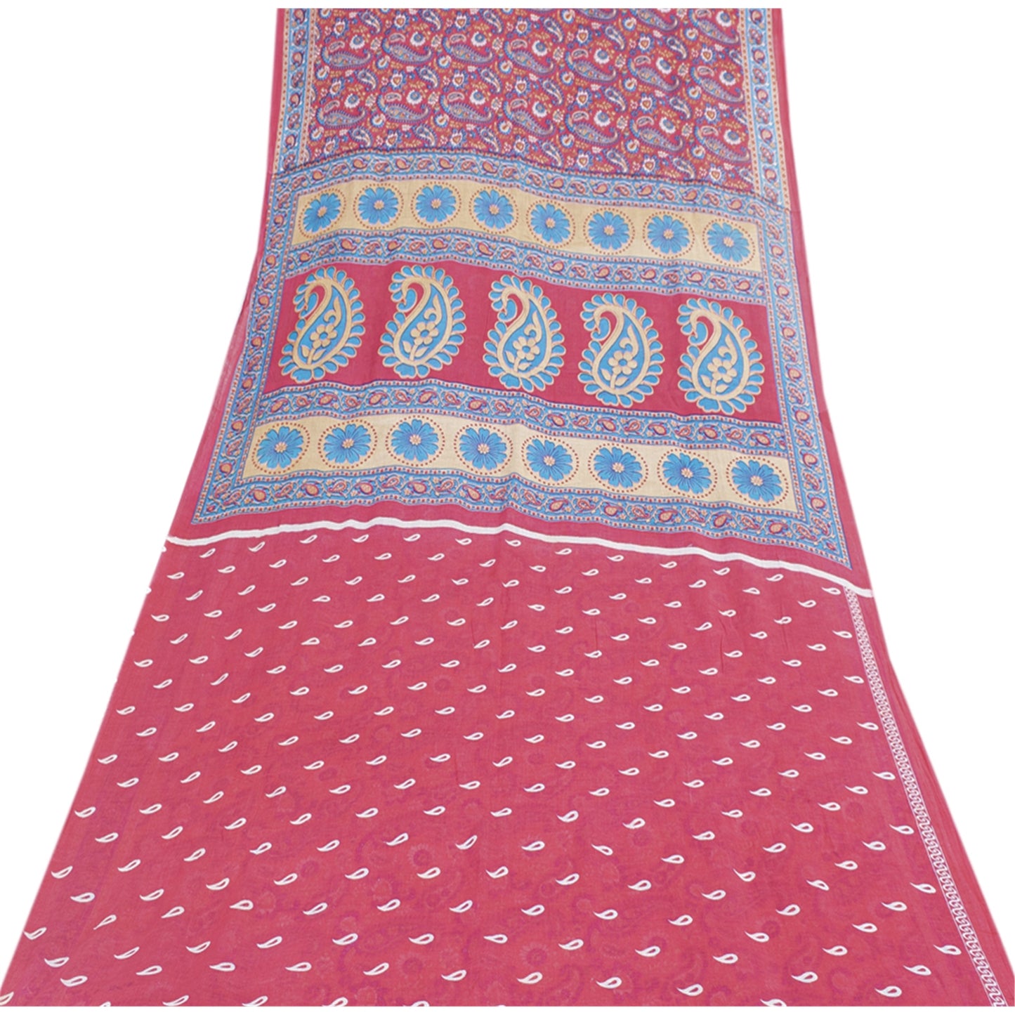 Sanskriti Vintage Sarees Pink Pure Cotton Paisely Printed Sari 6+yd Craft Fabric