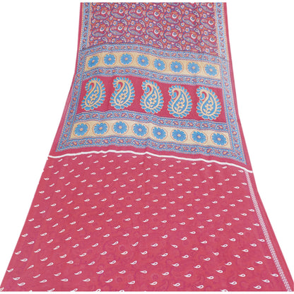 Sanskriti Vintage Sarees Pink Pure Cotton Paisely Printed Sari 6+yd Craft Fabric