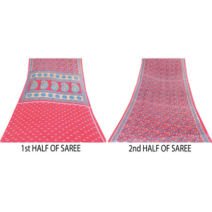 Sanskriti Vintage Sarees Pink Pure Cotton Paisely Printed Sari 6+yd Craft Fabric