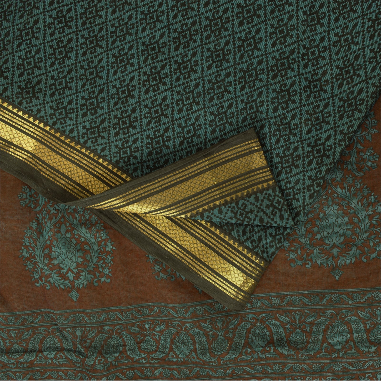 Sanskriti Vintage Saree Green 100% Pure Cotton 5.5+Yd Saree Zari Border Floral Printed Sari Fabric For Dressmaking,Craft Supplie,Upcycler