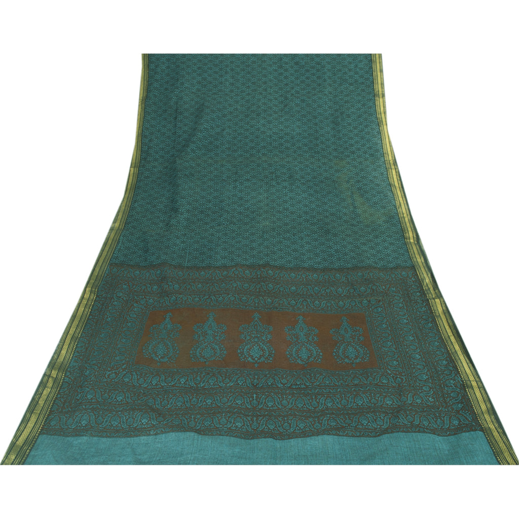 Sanskriti Vintage Sarees Green Zari Border Pure Cotton Printed Sari 5+yd Fabric