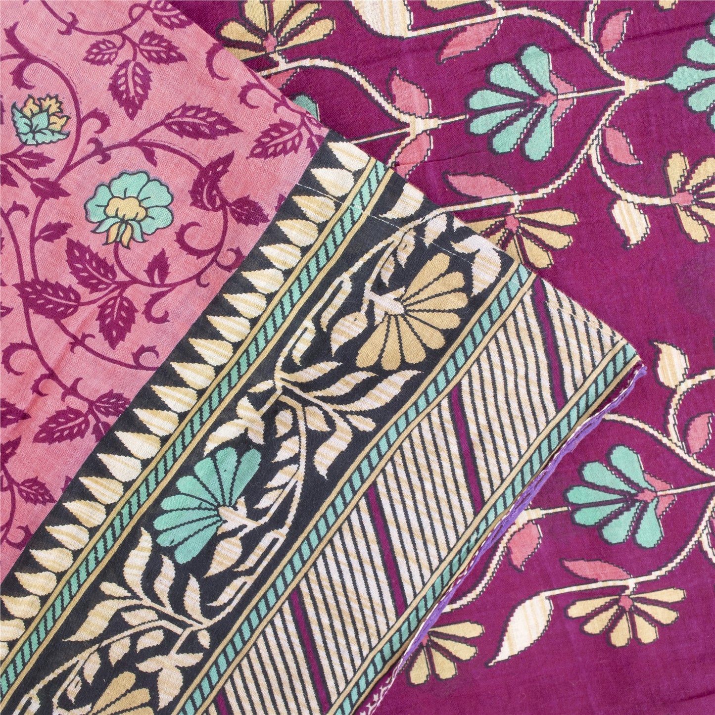 Sanskriti Vintage Sarees Indian Pink Pure Cotton Printed Sari 5+yd Craft Fabric