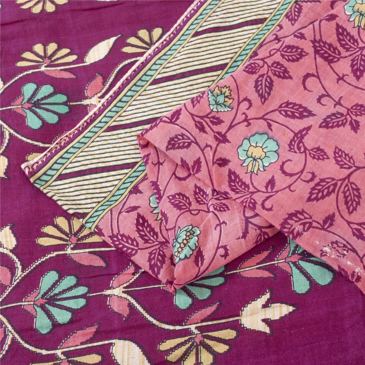 Sanskriti Vintage Sarees Indian Pink Pure Cotton Printed Sari 5+yd Craft Fabric