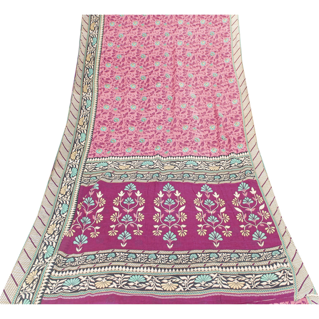 Sanskriti Vintage Sarees Indian Pink Pure Cotton Printed Sari 5+yd Craft Fabric