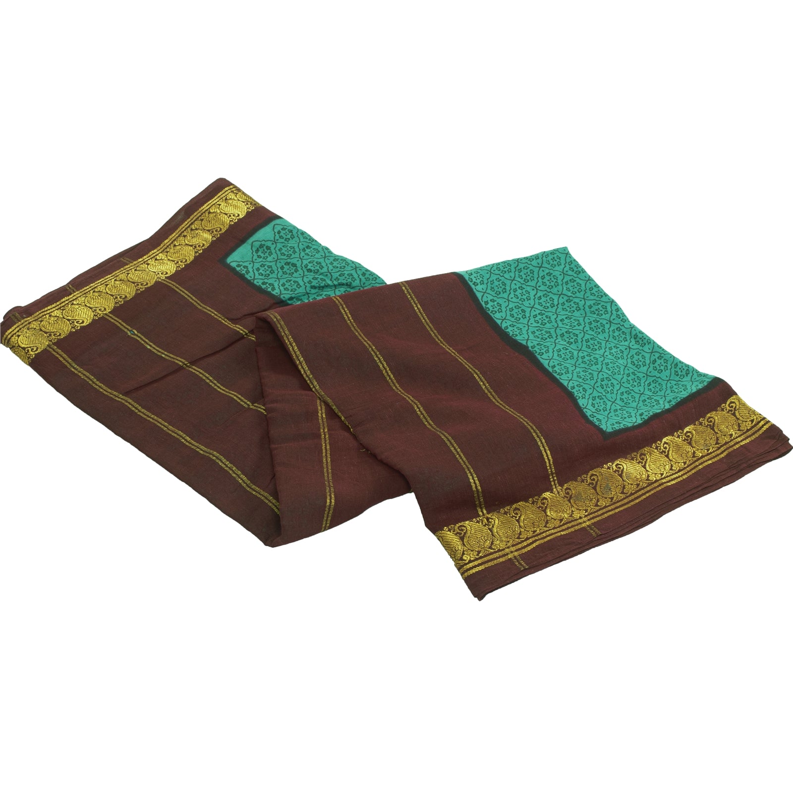 Sanskriti Vintage Saree Green-Dark Red 100% Pure Cotton Hand Block Printed & Zari Woven 5.5+Yd Craft Fabric For Upcycled Sarongs, Dress