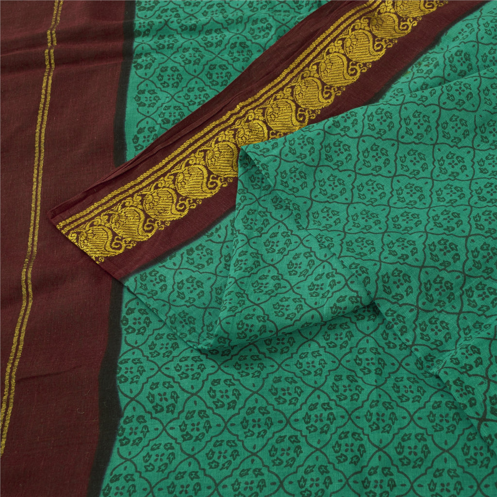 Sanskriti Vintage Saree Green-Dark Red 100% Pure Cotton Hand Block Printed & Zari Woven 5.5+Yd Craft Fabric For Upcycled Sarongs, Dress