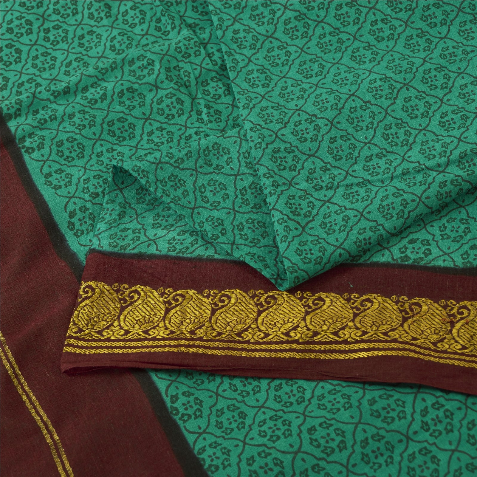 Sanskriti Vintage Saree Green-Dark Red 100% Pure Cotton Hand Block Printed & Zari Woven 5.5+Yd Craft Fabric For Upcycled Sarongs, Dress