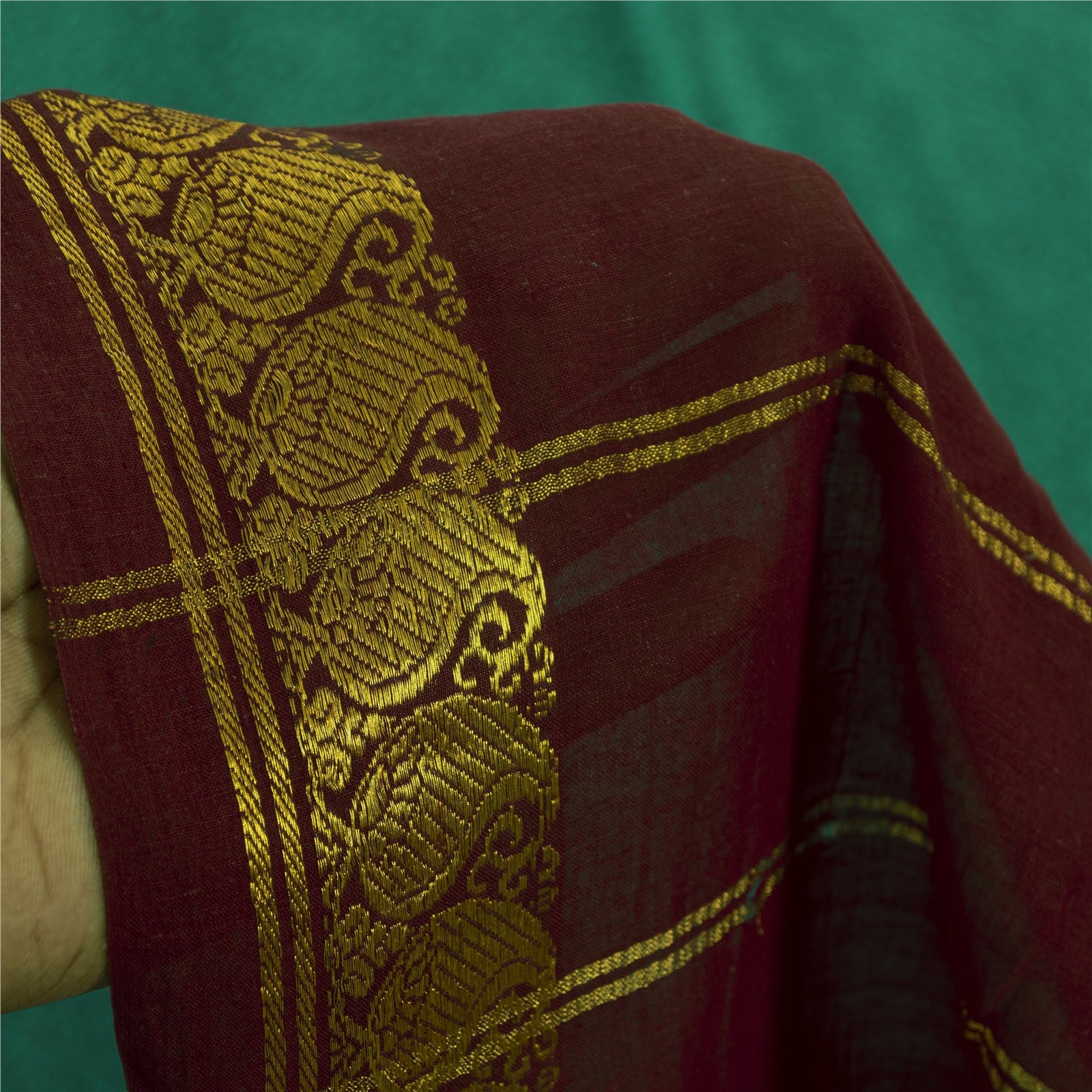 Sanskriti Vintage Saree Green-Dark Red 100% Pure Cotton Hand Block Printed & Zari Woven 5.5+Yd Craft Fabric For Upcycled Sarongs, Dress