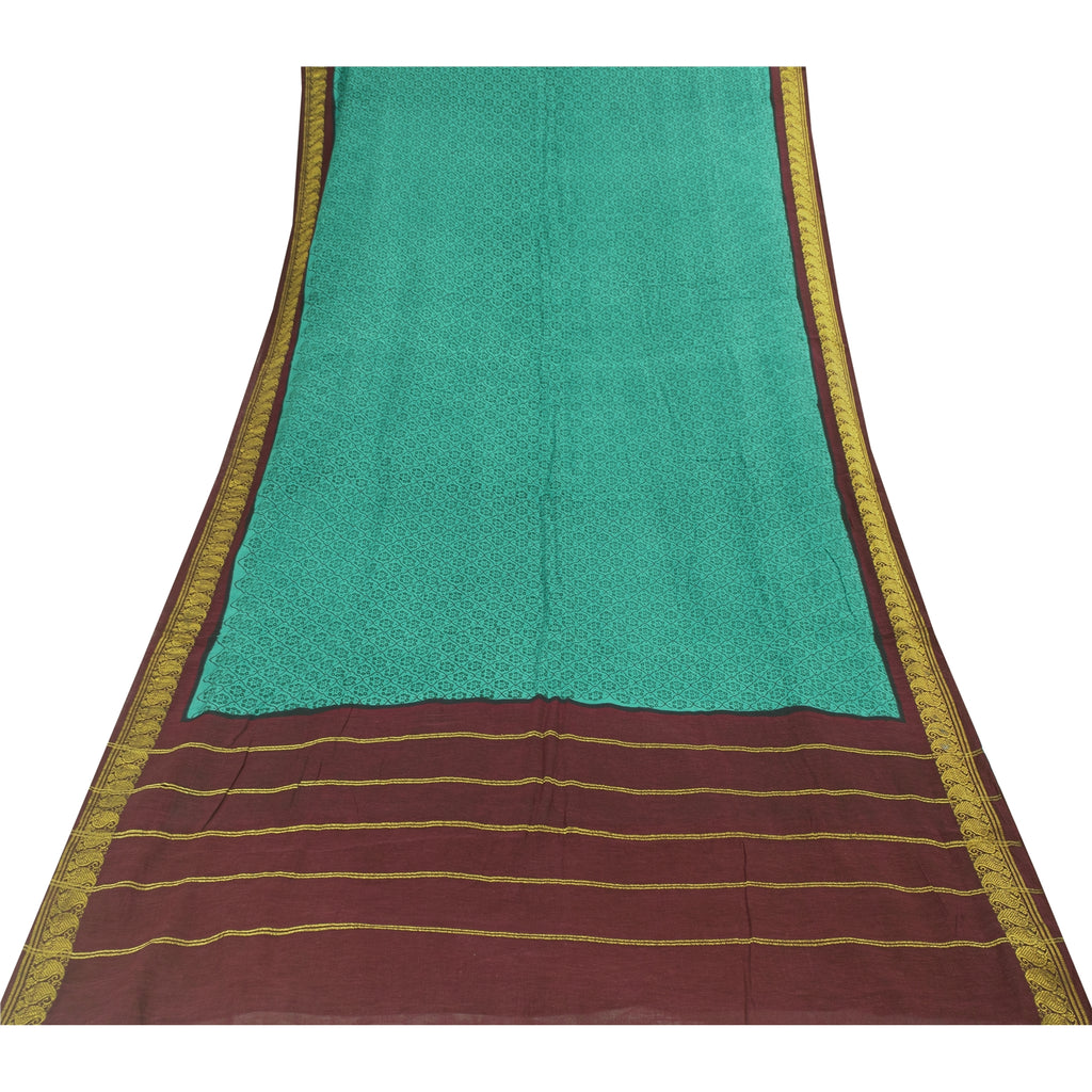 Sanskriti Vintage Saree Green-Dark Red 100% Pure Cotton Hand Block Printed & Zari Woven 5.5+Yd Craft Fabric For Upcycled Sarongs, Dress