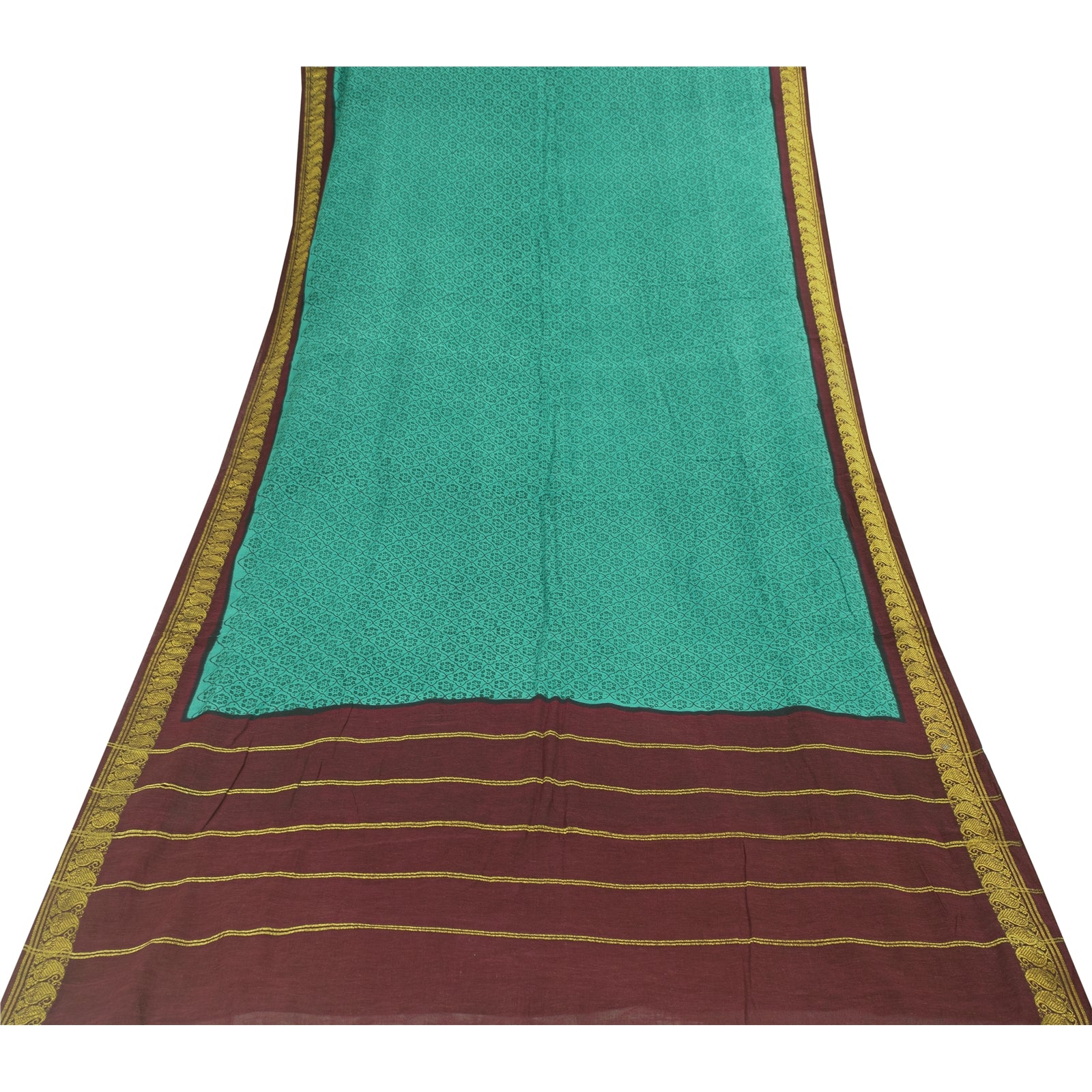 Sanskriti Vintage Saree Green-Dark Red 100% Pure Cotton Hand Block Printed & Zari Woven 5.5+Yd Craft Fabric For Upcycled Sarongs, Dress